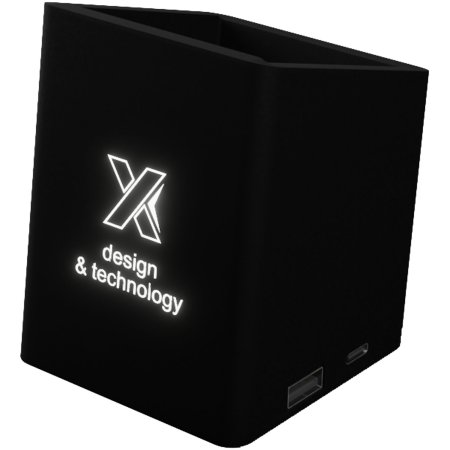 SCX.design O11 Stifthalter mit doppeltem USB-Ausgang und Leuchtlogo