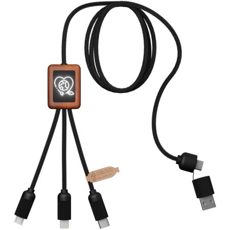 SCX.design C38 3-in-1 Ladekabel aus rPET in quadratischem Bambusgehäuse mit Leuchtlogo