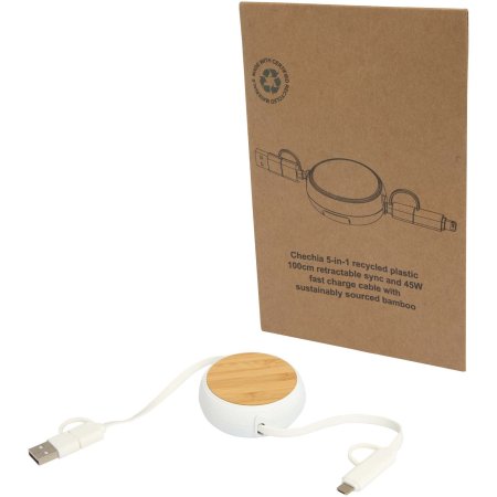 100cm 5-in-1 Kabel aus recyceltem Kunststoff, einziehbar, für Datenübertragung und 45W Schnellladung mit Bambusdetails - Chechia 